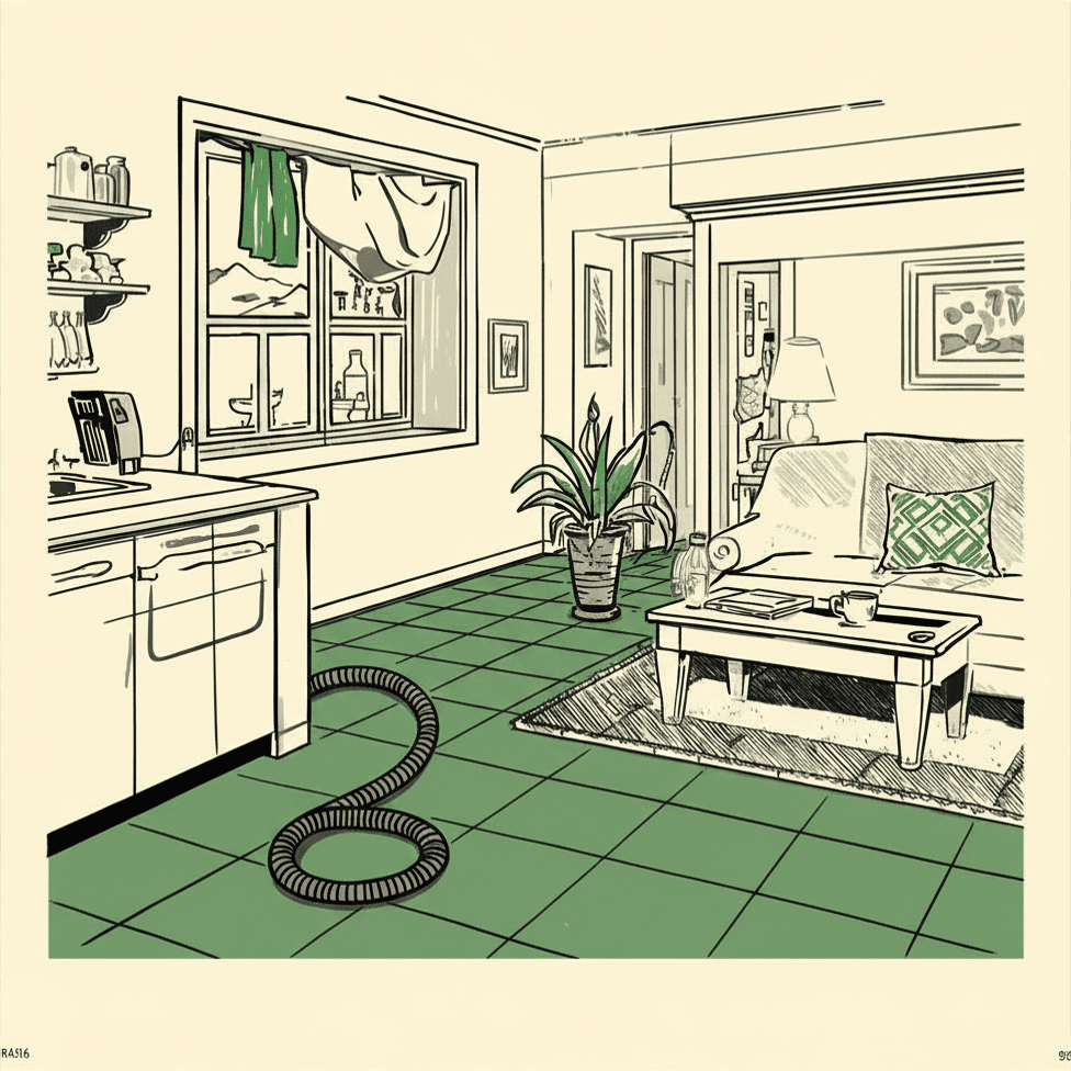 cleaning services image is of a kitcehn in 1930s cartoon style