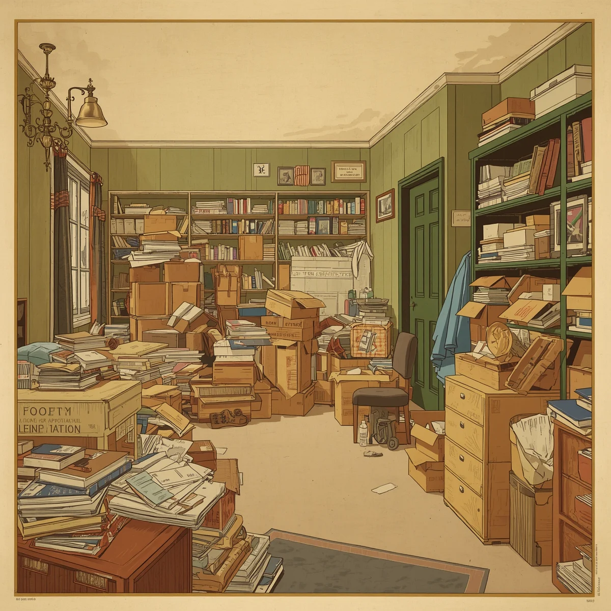 Cluttered room filled with boxes and belongings before a home decluttering service in Northumberland.