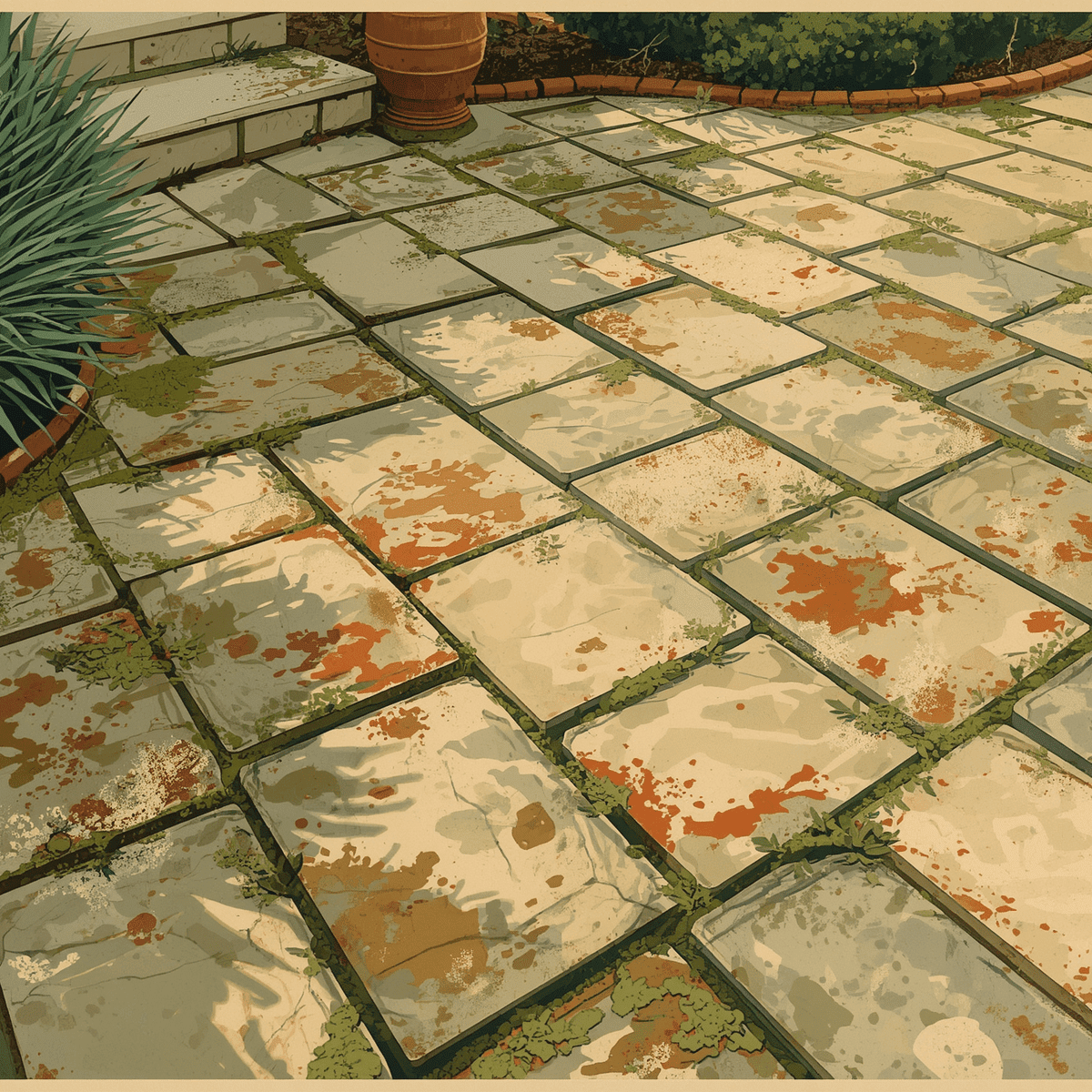 Dirty patio and driveway covered in moss and grime before professional power washing in Northumberland.